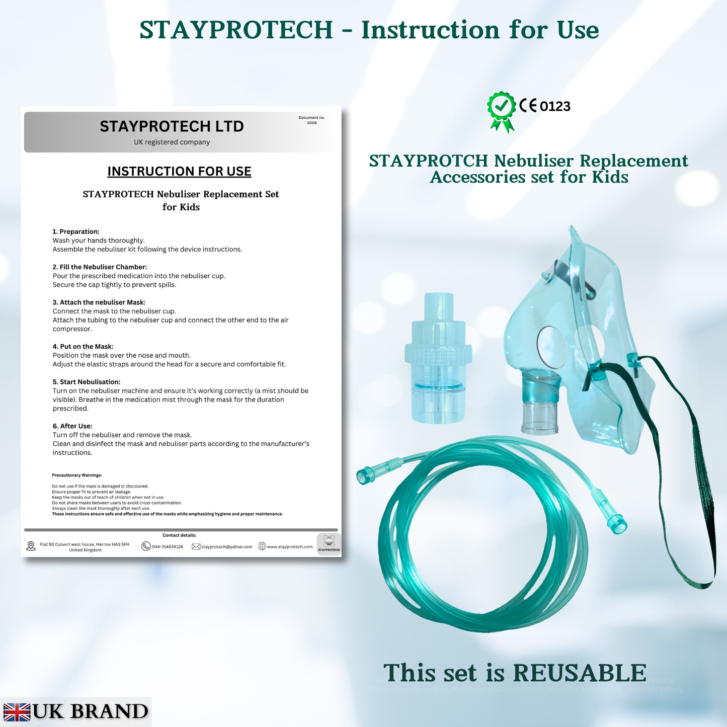 STAYPROTECH Nebuliser replacement accessories set for Kid's - Mask, Medicine chamber, 2.1m  nebuliser tubing.