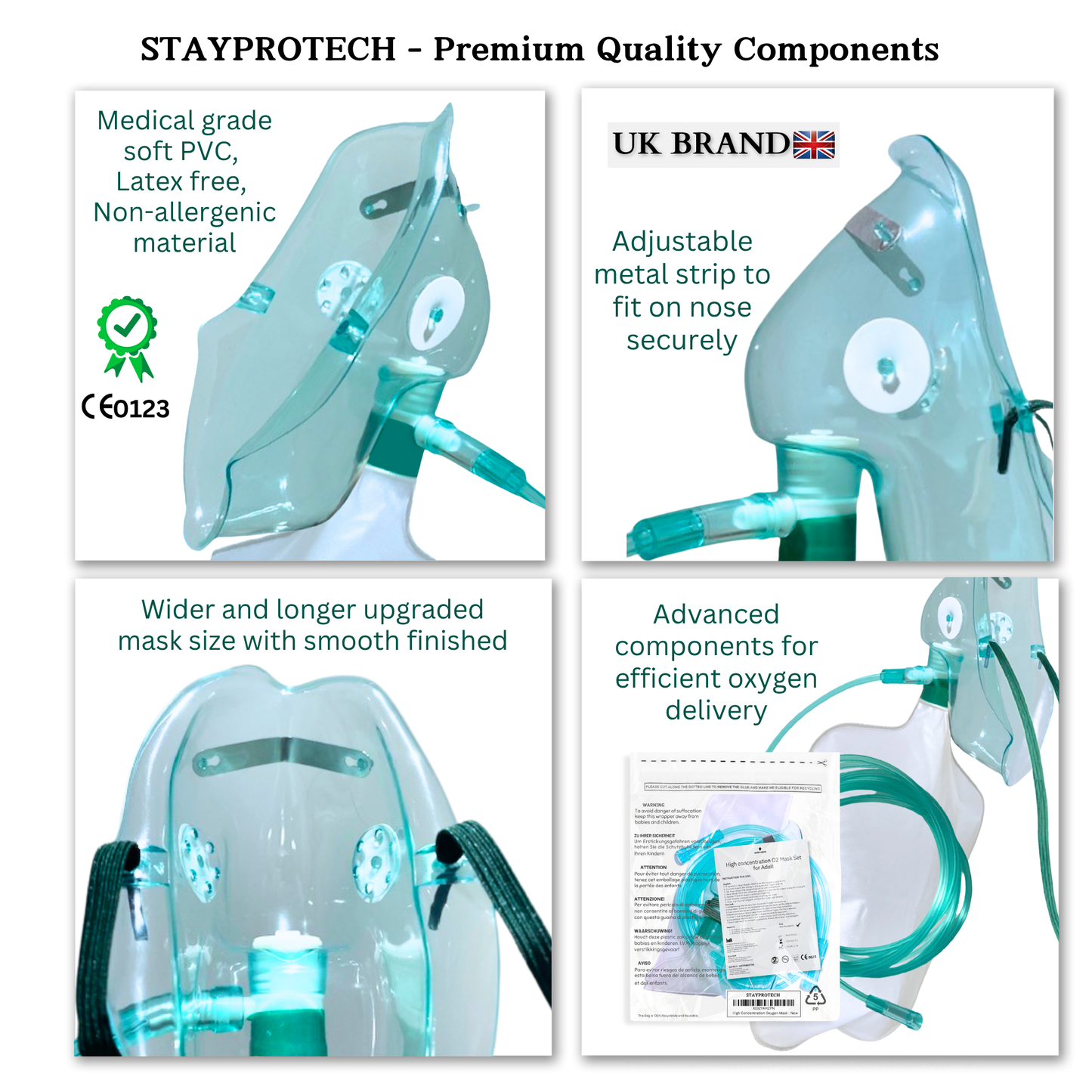 STAYPROTECH High Concentration Oxygen Mask with Reservoir Pouch and 2.1m Tubing – Oxygen Mask for Adult that requires Efficient Oxygen Therapy.