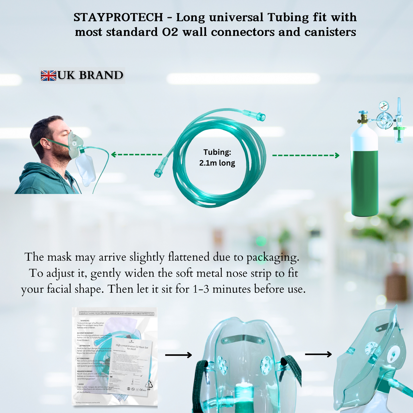 STAYPROTECH High Concentration Oxygen Mask with Reservoir Pouch and 2.1m Tubing – Oxygen Mask for Adult that requires Efficient Oxygen Therapy.