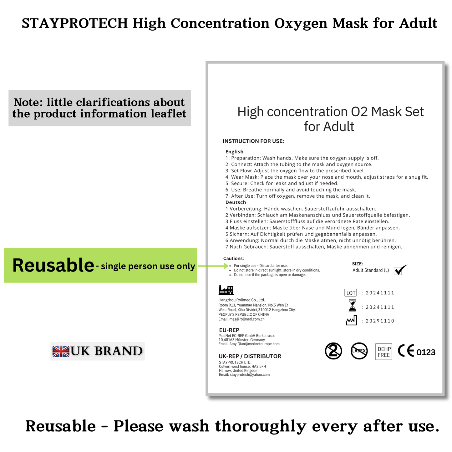STAYPROTECH High Concentration Oxygen Mask with Reservoir Pouch and 2.1m Tubing – Oxygen Mask for Adult that requires Efficient Oxygen Therapy.