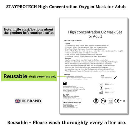 STAYPROTECH High Concentration Oxygen Mask with Reservoir Pouch and 2.1m Tubing – Oxygen Mask for Adult that requires Efficient Oxygen Therapy.