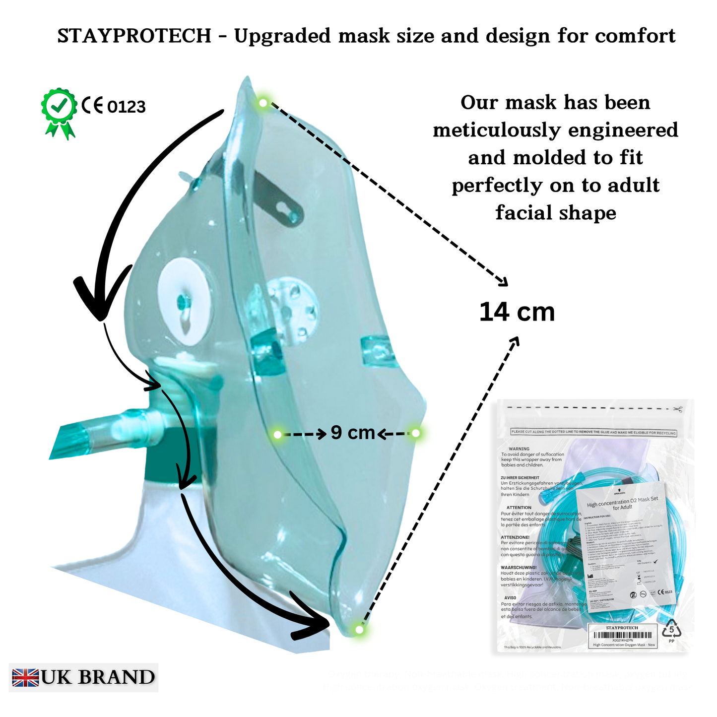 STAYPROTECH High Concentration Oxygen Mask with Reservoir Pouch and 2.1m Tubing – Oxygen Mask for Adult that requires Efficient Oxygen Therapy.