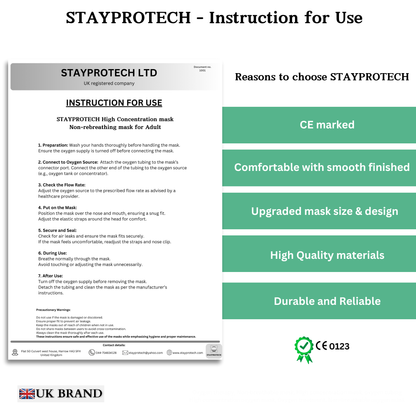 STAYPROTECH High Concentration Oxygen Mask with Reservoir Pouch and 2.1m Tubing – Oxygen Mask for Adult that requires Efficient Oxygen Therapy.