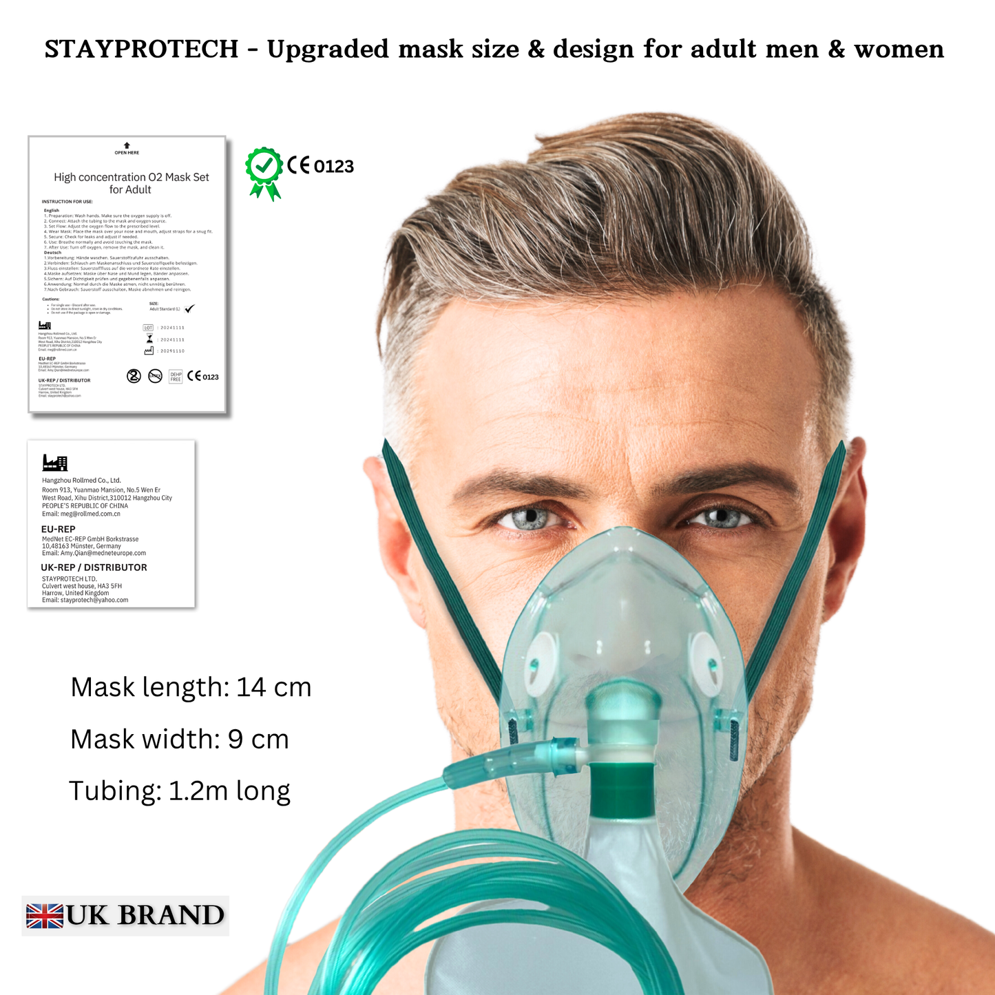 STAYPROTECH High Concentration Oxygen Mask with Reservoir Pouch and 2.1m Tubing – Oxygen Mask for Adult that requires Efficient Oxygen Therapy.
