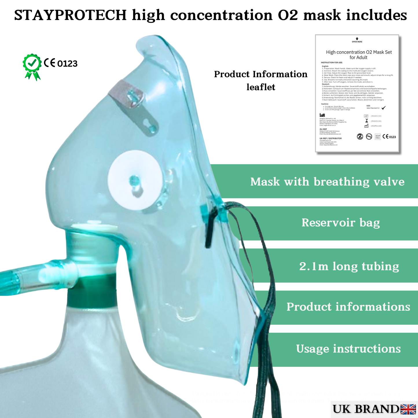 STAYPROTECH High Concentration Oxygen Mask with Reservoir Pouch and 2.1m Tubing – Oxygen Mask for Adult that requires Efficient Oxygen Therapy.