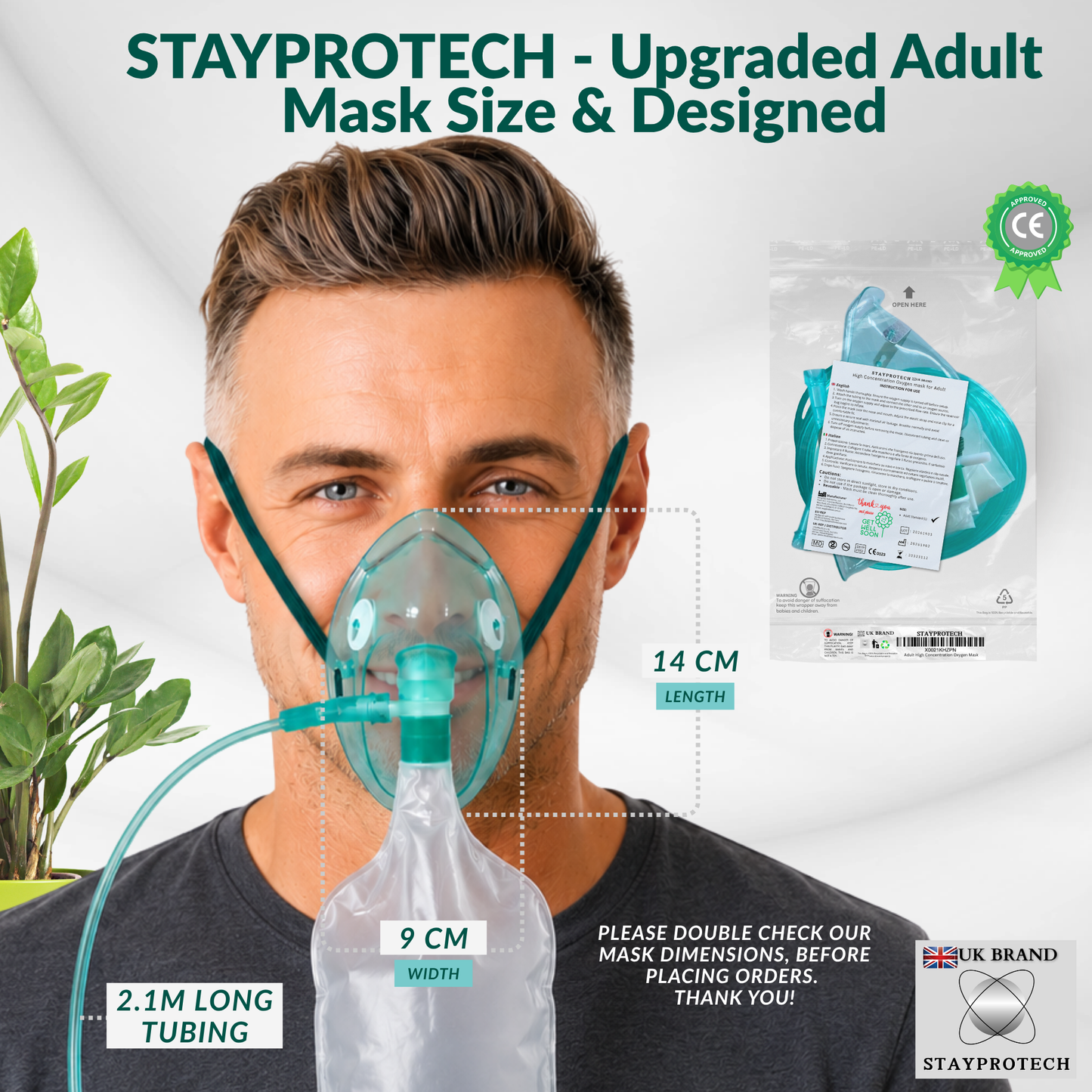 STAYPROTECH High Concentration Oxygen Mask with Reservoir Pouch and 2.1m Tubing – Oxygen Mask for Adult that requires Efficient Oxygen Therapy.