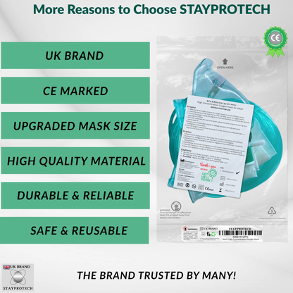 STAYPROTECH High Concentration Oxygen Mask with Reservoir Pouch and 2.1m Tubing – Oxygen Mask for Adult that requires Efficient Oxygen Therapy.