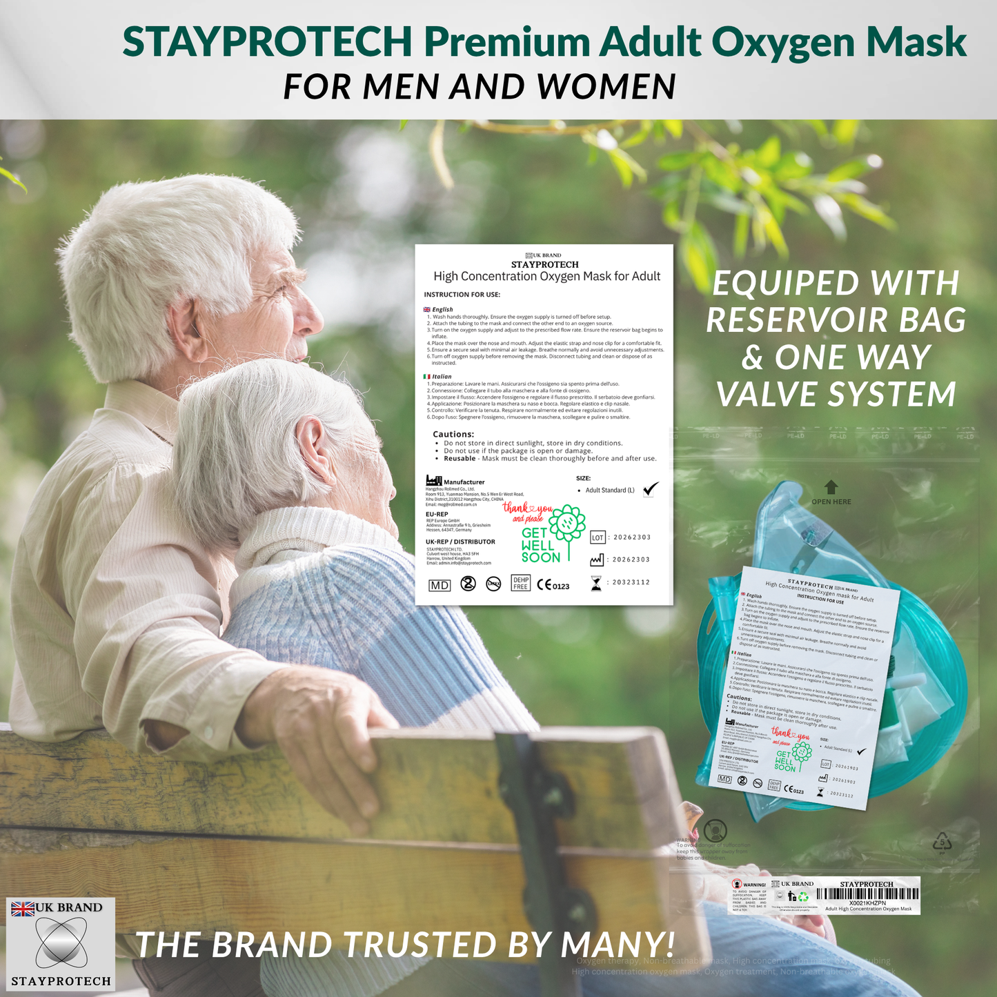 STAYPROTECH High Concentration Oxygen Mask with Reservoir Pouch and 2.1m Tubing – Oxygen Mask for Adult that requires Efficient Oxygen Therapy.