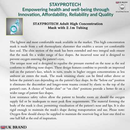STAYPROTECH High Concentration Oxygen Mask with Reservoir Pouch and 2.1m Tubing – Oxygen Mask for Adult that requires Efficient Oxygen Therapy.