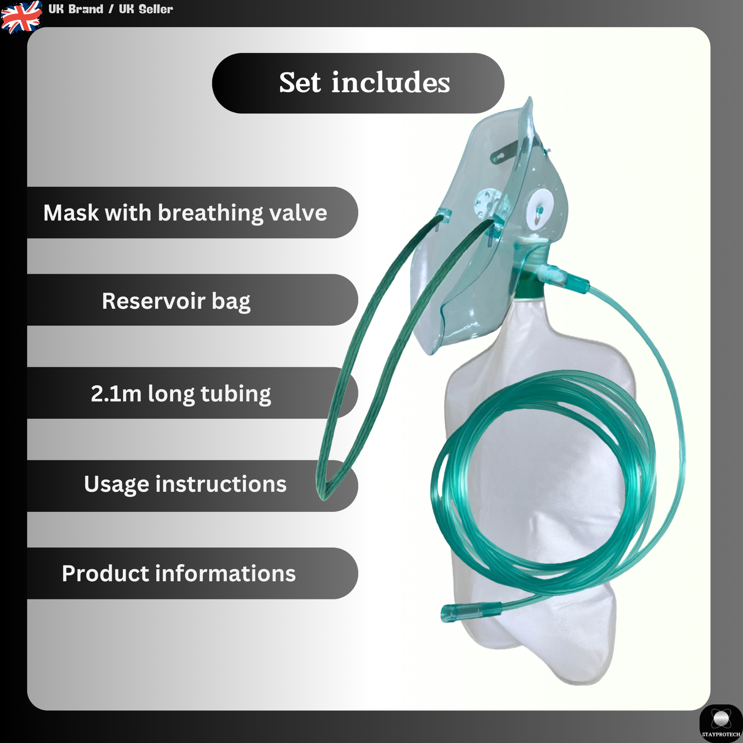 High Concentration Oxygen Mask with Reservoir Pouch and 2.1m Tubing – Oxygen Mask for Adult that requires Efficient Oxygen Therapy.