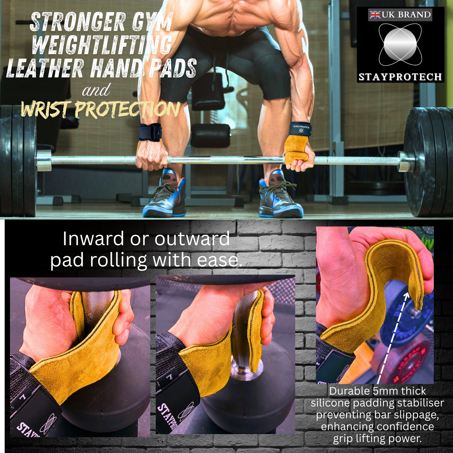 STAYPROTECH Leather Lifting Straps, Adjustable Gym Grips with Wrist Support for Men & Women – Heavy-Duty Hand Pads for Weight Lifting, Deadlifts & Powerlifting.