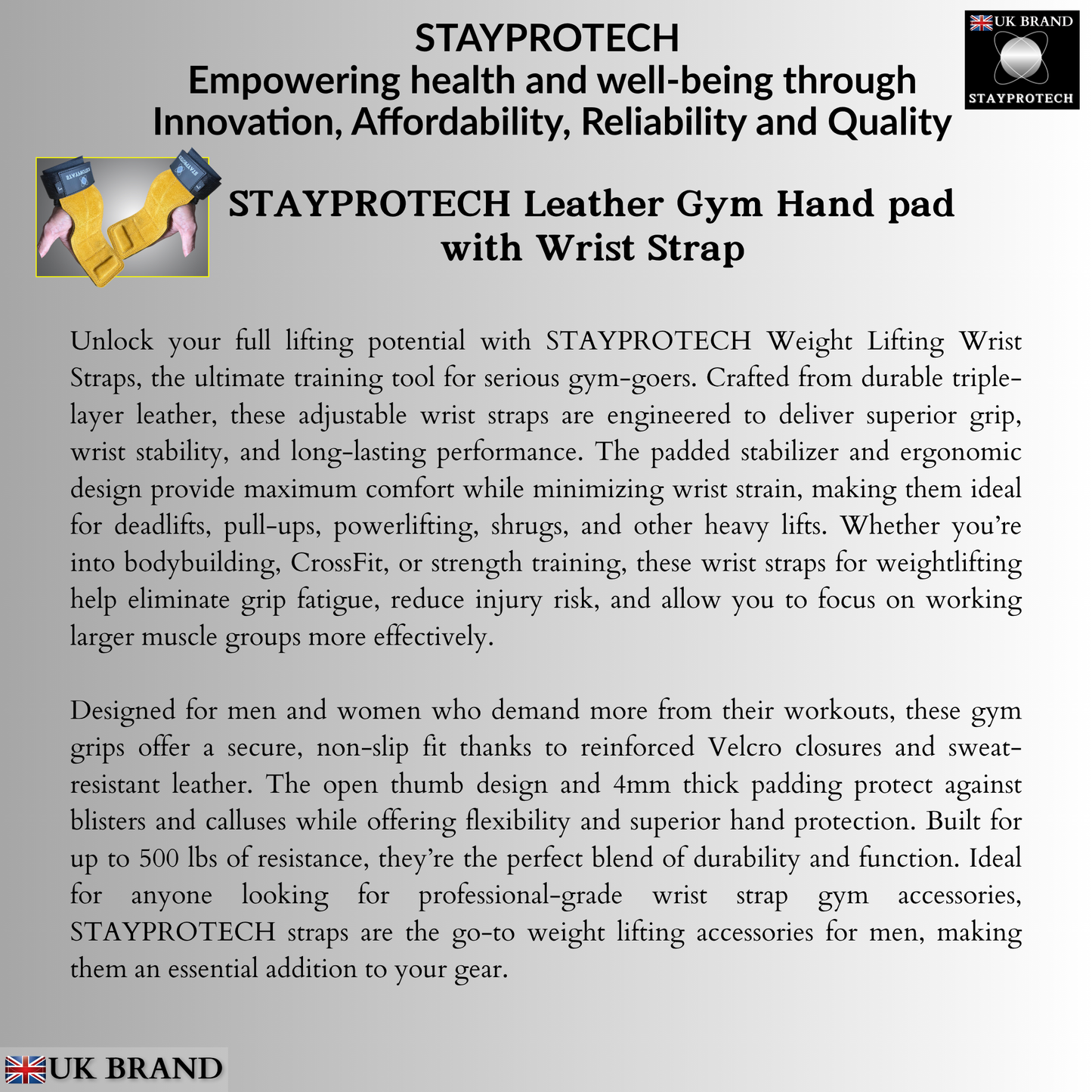 STAYPROTECH Leather Hand Pad Lifting Straps, Adjustable Gym Grips with Wrist Support for Men & Women – Heavy-Duty Hand Pads for Weight Lifting, Deadlifts & Powerlifting.