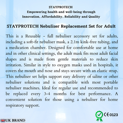 STAYPROTECH Nebuliser Replacement Accessory Set for Adults – Mask, Chamber & 2.1m Tubing – Universal Fit for Most Nebulisers.
