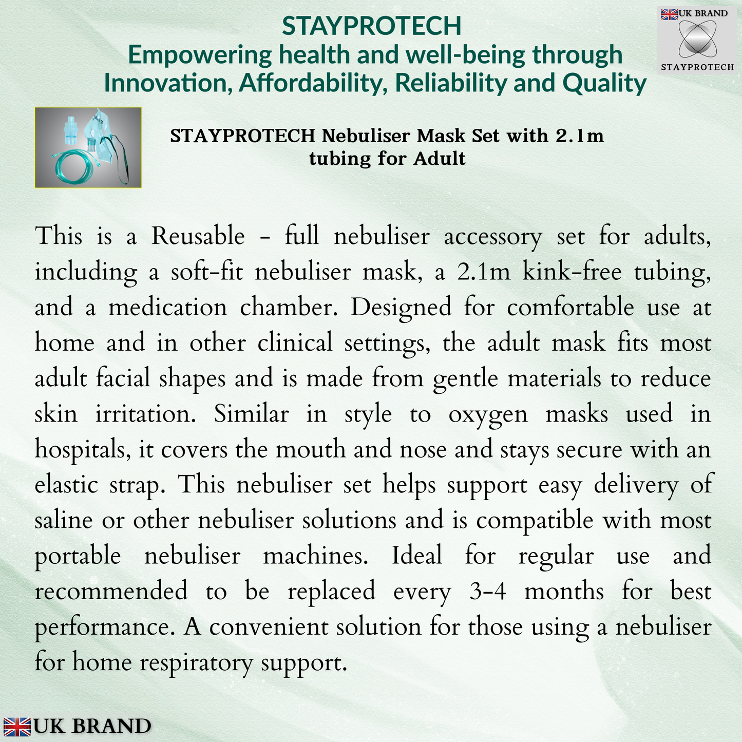 STAYPROTECH Nebuliser Replacement Accessory Set for Adults – Mask, Chamber & 2.1m Tubing – Universal Fit for Most Nebulisers.