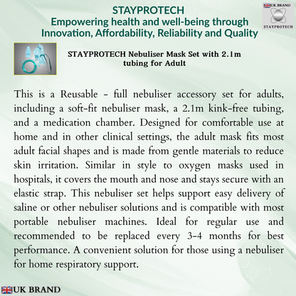STAYPROTECH Nebuliser Replacement Accessory Set for Adults – Mask, Chamber & 2.1m Tubing – Universal Fit for Most Nebulisers.