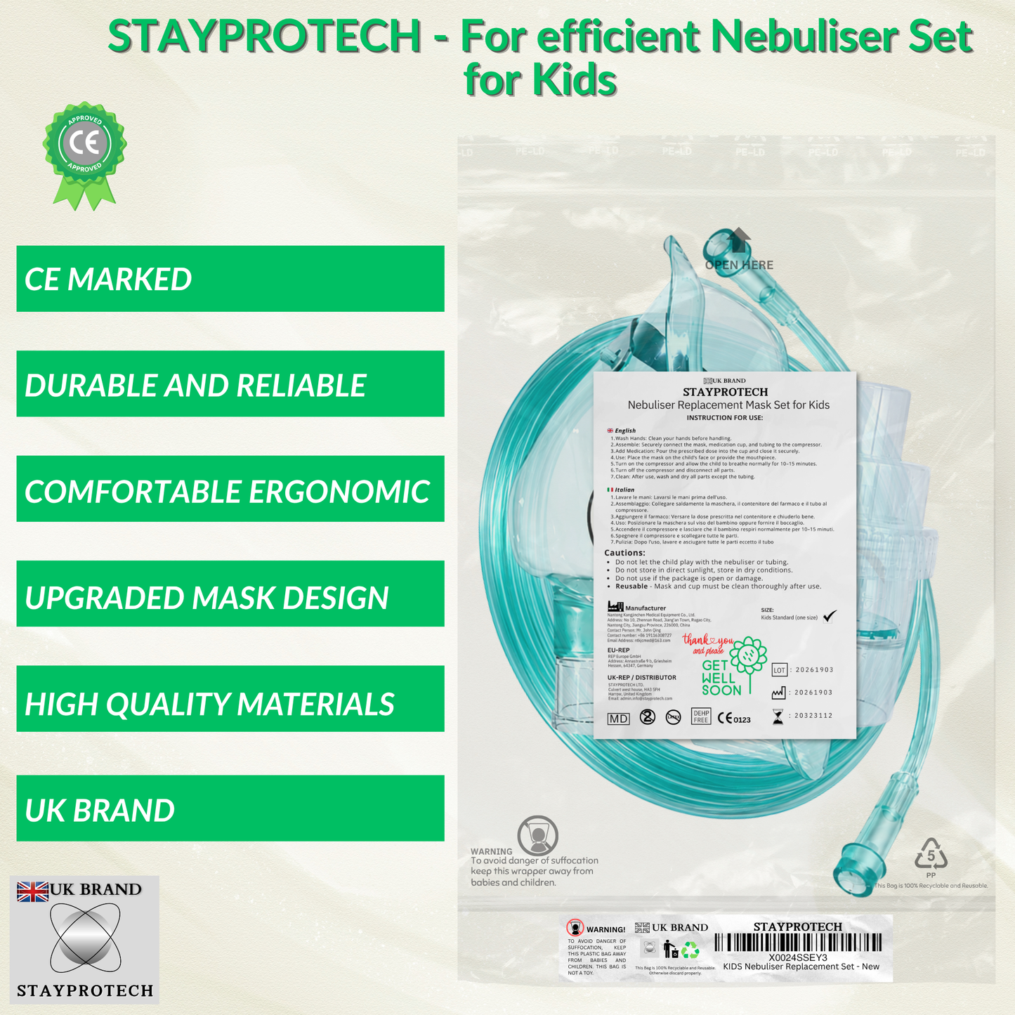 STAYPROTECH Nebuliser replacement accessories set for Kid's - Mask, Medicine chamber, 2.1m  nebuliser tubing.