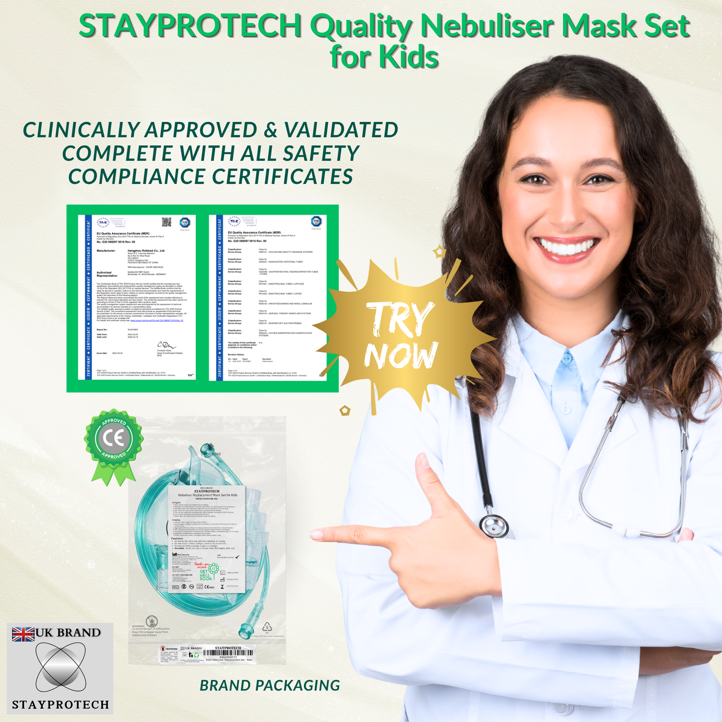 STAYPROTECH Nebuliser replacement accessories set for Kid's - Mask, Medicine chamber, 2.1m  nebuliser tubing.