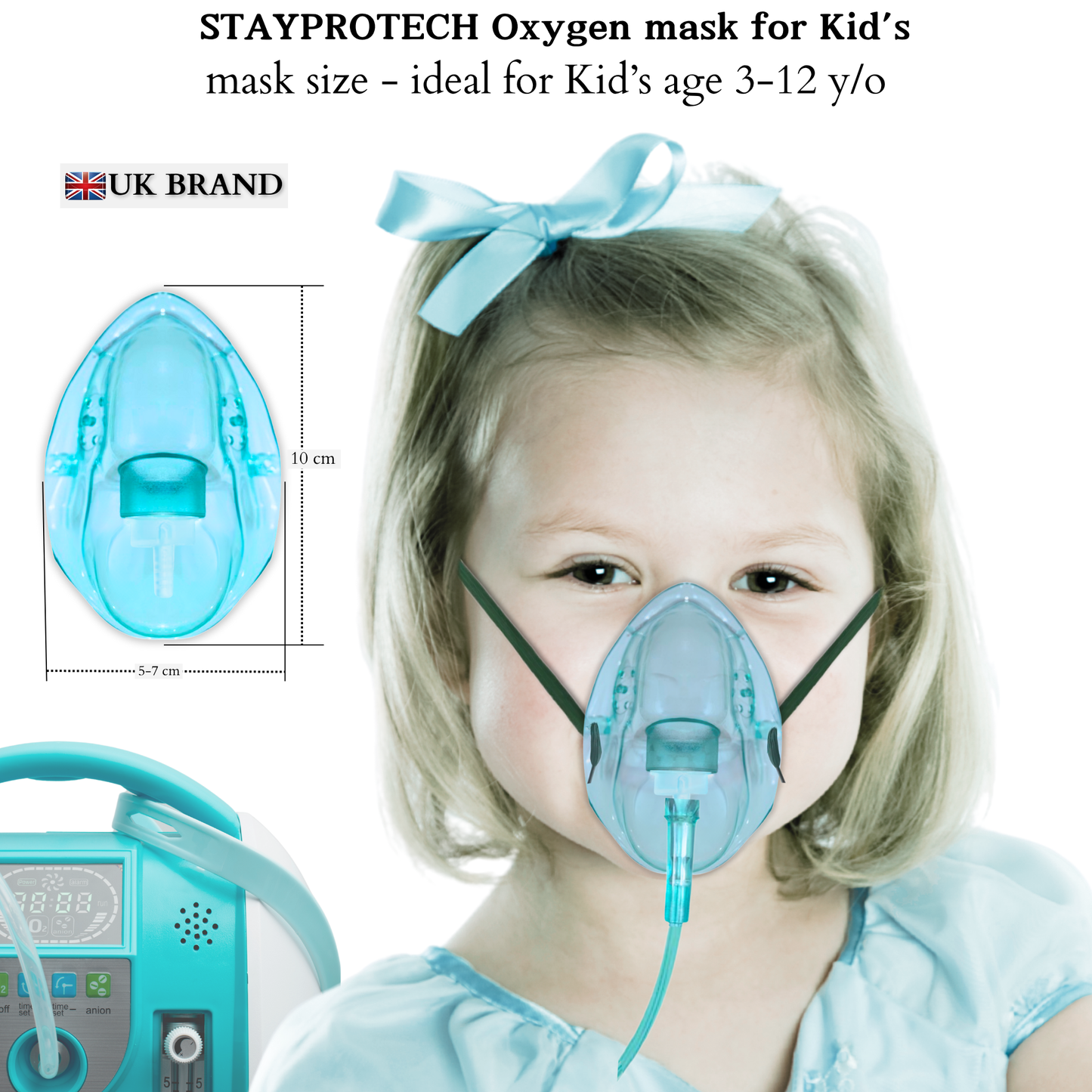 STAYPROTECH Oxygen Mask with 2.1m Tubing Medical Oxygen Mask for Kid’s. Enhances Oxygen Therapy at Home. Comfortable Fit, Adjustable Strap & Soft Medical Grade PVC.