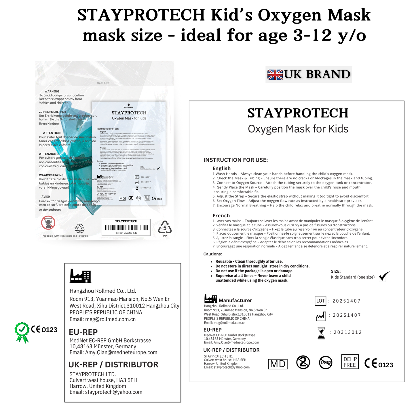 STAYPROTECH Oxygen Mask with 2.1m Tubing Medical Oxygen Mask for Kid’s. Enhances Oxygen Therapy at Home. Comfortable Fit, Adjustable Strap & Soft Medical Grade PVC.