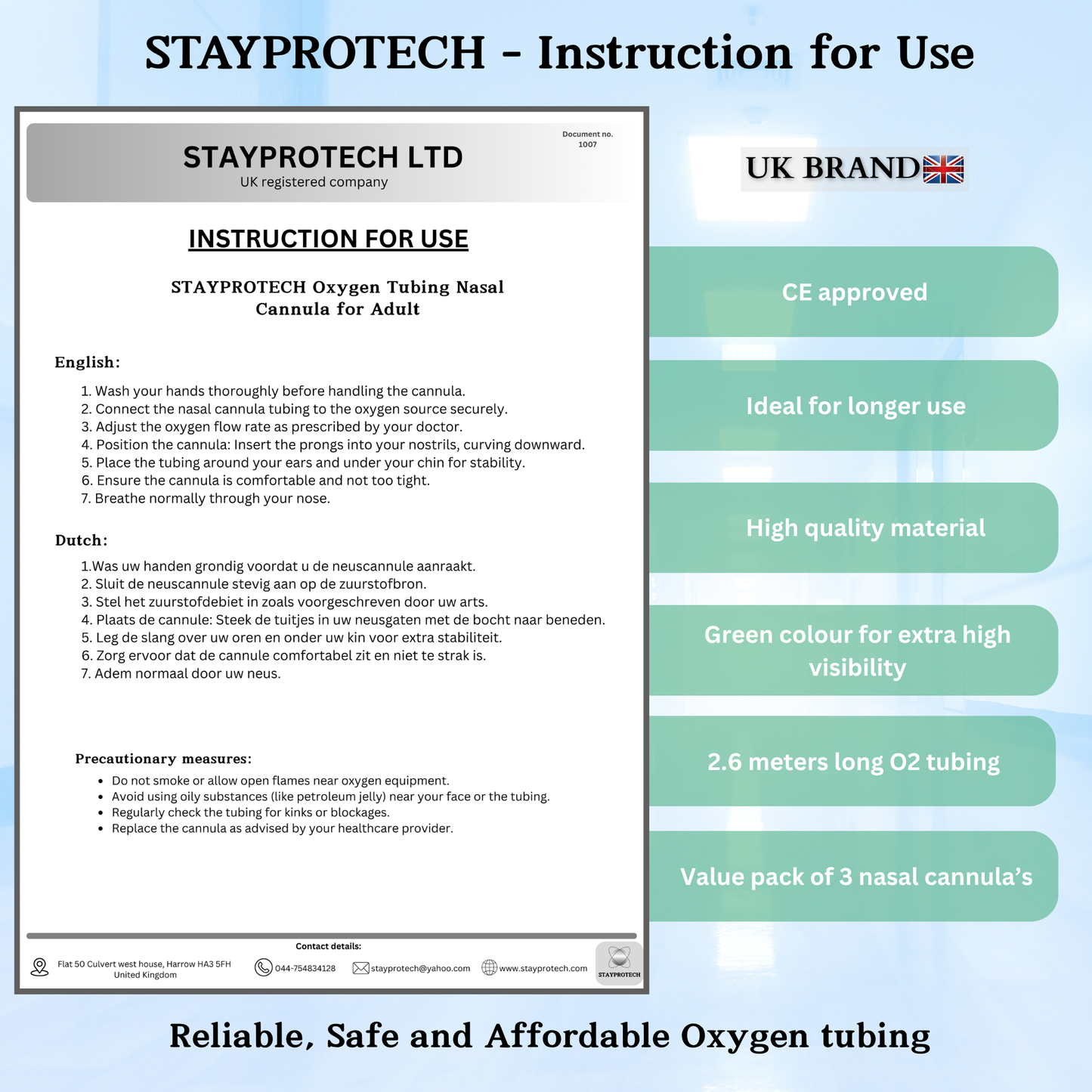 STAYPROTECH Oxygen Tubing Nasal Cannula 3PCS Green Medical Grade PVC, Kink Resistant Soft & Smooth Surface, Comfort & Convenient 2.6 m long for Long-Lasting wear.