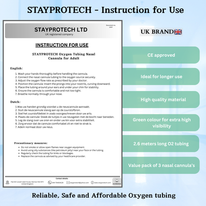 STAYPROTECH Oxygen Tubing Nasal Cannula 3PCS Green Medical Grade PVC, Kink Resistant Soft & Smooth Surface, Comfort & Convenient 2.6 m long for Long-Lasting wear.