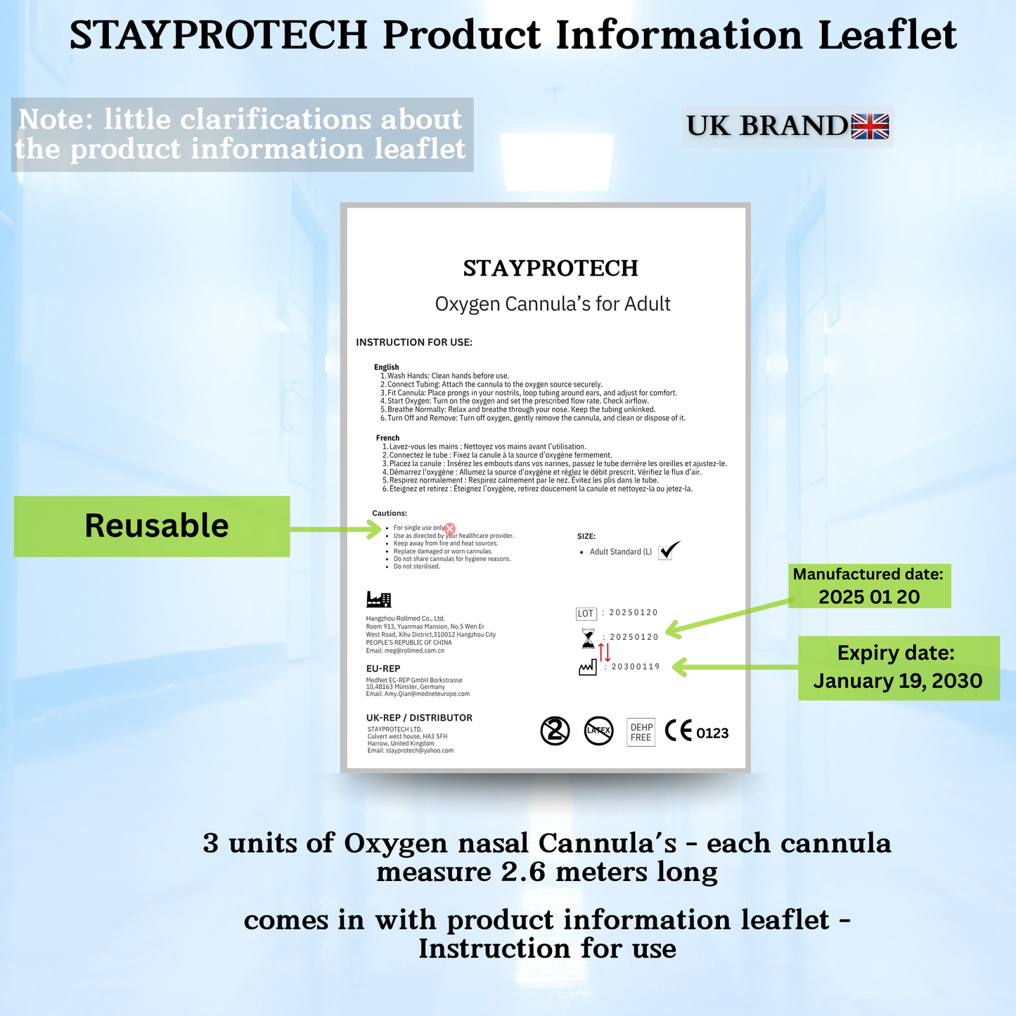 STAYPROTECH Oxygen Tubing Nasal Cannula 3PCS Green Medical Grade PVC, Kink Resistant Soft & Smooth Surface, Comfort & Convenient 2.6 m long for Long-Lasting wear.