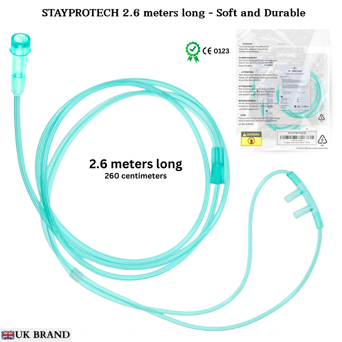 STAYPROTECH Oxygen Tubing Nasal Cannula 3PCS Green Medical Grade PVC, Kink Resistant Soft & Smooth Surface, Comfort & Convenient 2.6 m long for Long-Lasting wear.