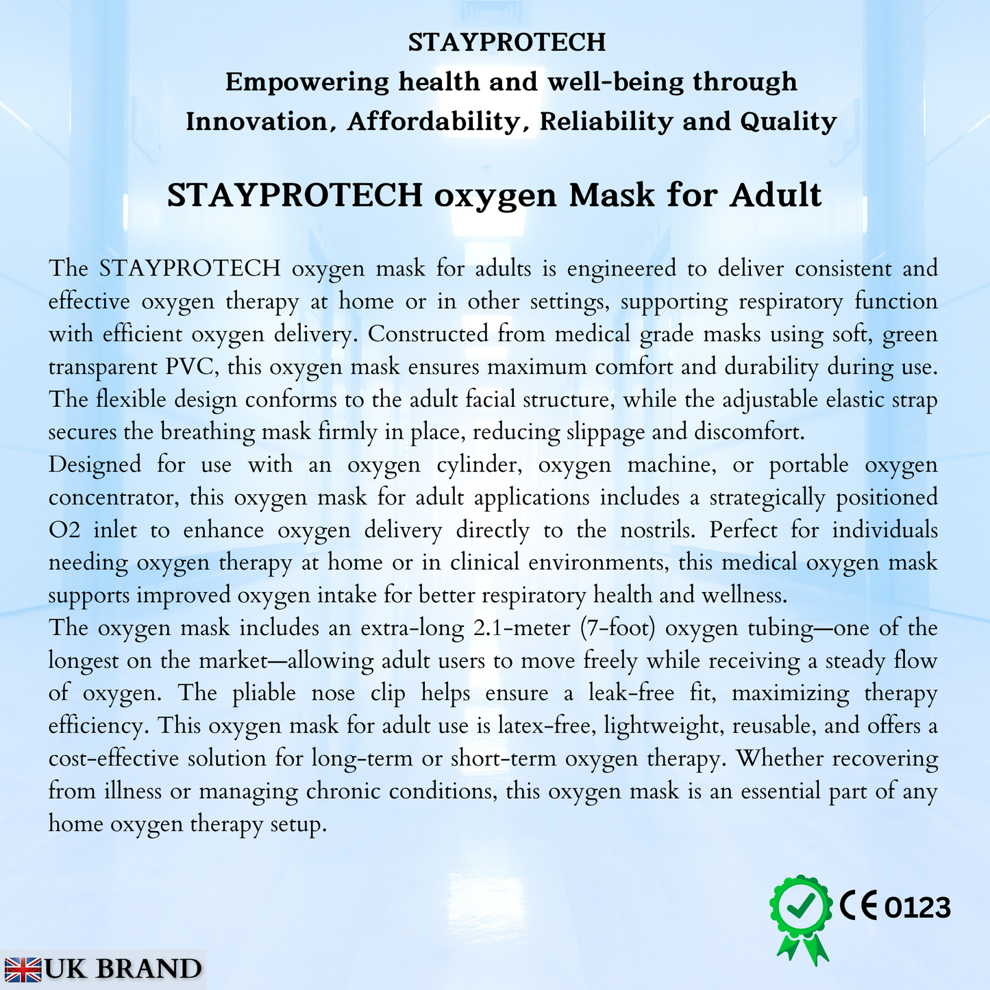 STAYPROTECH Oxygen Mask with 2.1m Tubing Medical Oxygen Mask for Adult. Enhances Oxygen Therapy at Home. Comfortable Fit, Adjustable Strap & Soft Medical Grade PVC.