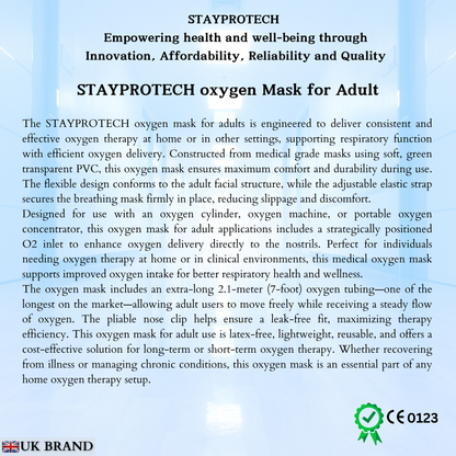 STAYPROTECH Oxygen Mask with 2.1m Tubing Medical Oxygen Mask for Adult. Enhances Oxygen Therapy at Home. Comfortable Fit, Adjustable Strap & Soft Medical Grade PVC.