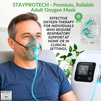STAYPROTECH Oxygen Mask with 2.1m Tubing Medical Oxygen Mask for Adult. Enhances Oxygen Therapy at Home. Comfortable Fit, Adjustable Strap & Soft Medical Grade PVC.