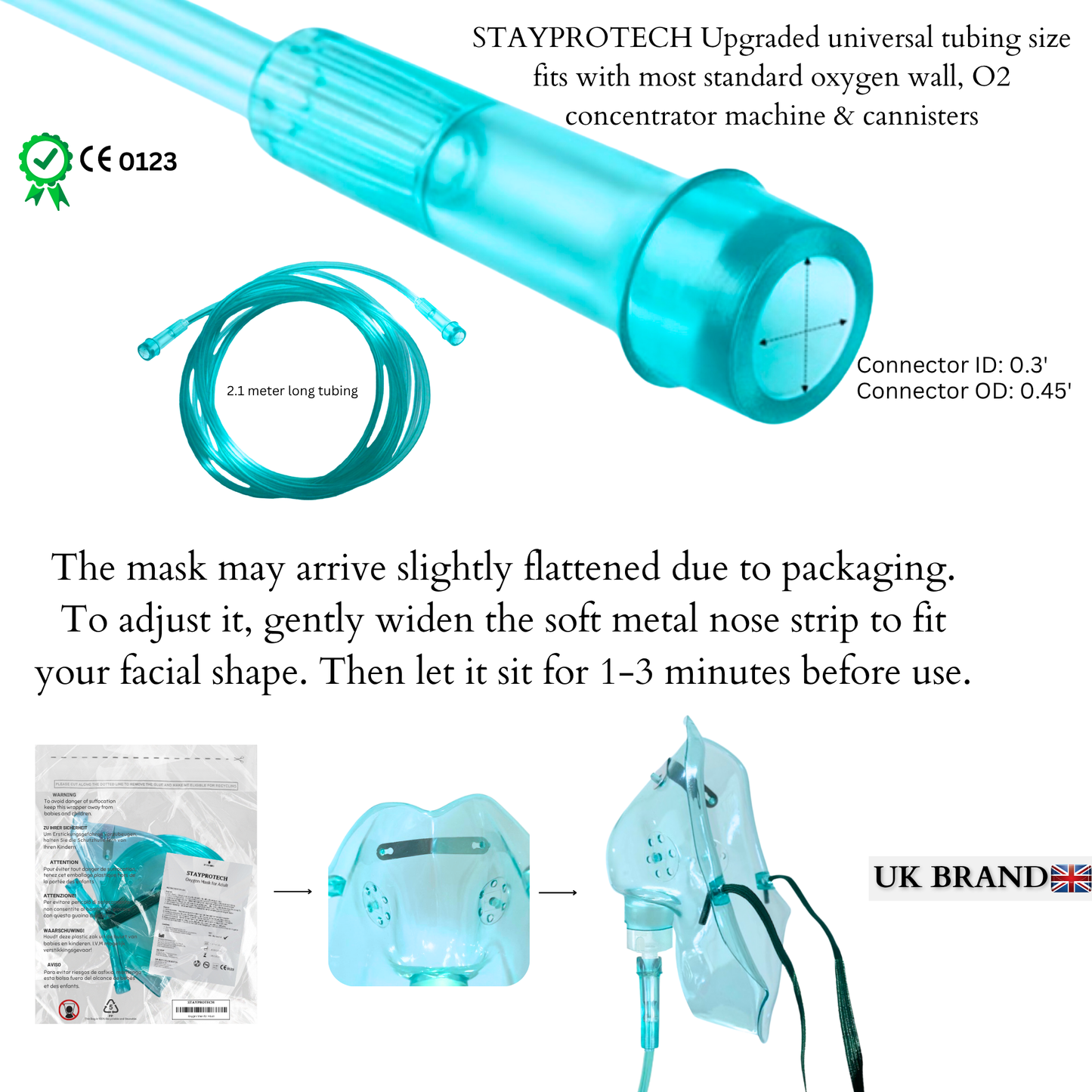 STAYPROTECH Oxygen Mask with 2.1m Tubing Medical Oxygen Mask for Adult. Enhances Oxygen Therapy at Home. Comfortable Fit, Adjustable Strap & Soft Medical Grade PVC.