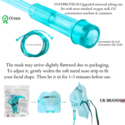 STAYPROTECH Oxygen Mask with 2.1m Tubing Medical Oxygen Mask for Adult. Enhances Oxygen Therapy at Home. Comfortable Fit, Adjustable Strap & Soft Medical Grade PVC.