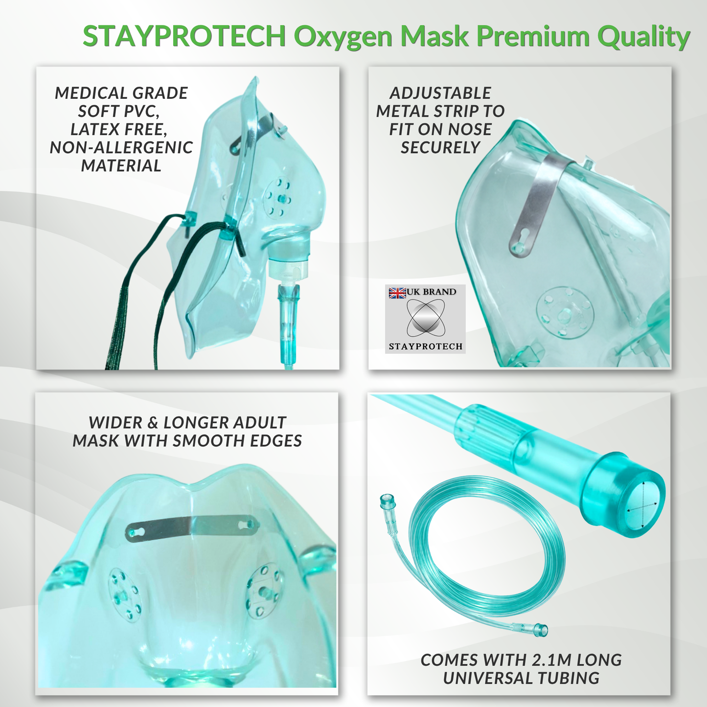 STAYPROTECH Oxygen Mask with 2.1m Tubing Medical Oxygen Mask for Adult. Enhances Oxygen Therapy at Home. Comfortable Fit, Adjustable Strap & Soft Medical Grade PVC.