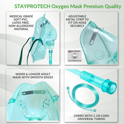 STAYPROTECH Oxygen Mask with 2.1m Tubing Medical Oxygen Mask for Adult. Enhances Oxygen Therapy at Home. Comfortable Fit, Adjustable Strap & Soft Medical Grade PVC.