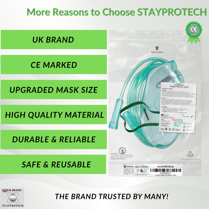 STAYPROTECH Oxygen Mask with 2.1m Tubing Medical Oxygen Mask for Adult. Enhances Oxygen Therapy at Home. Comfortable Fit, Adjustable Strap & Soft Medical Grade PVC.