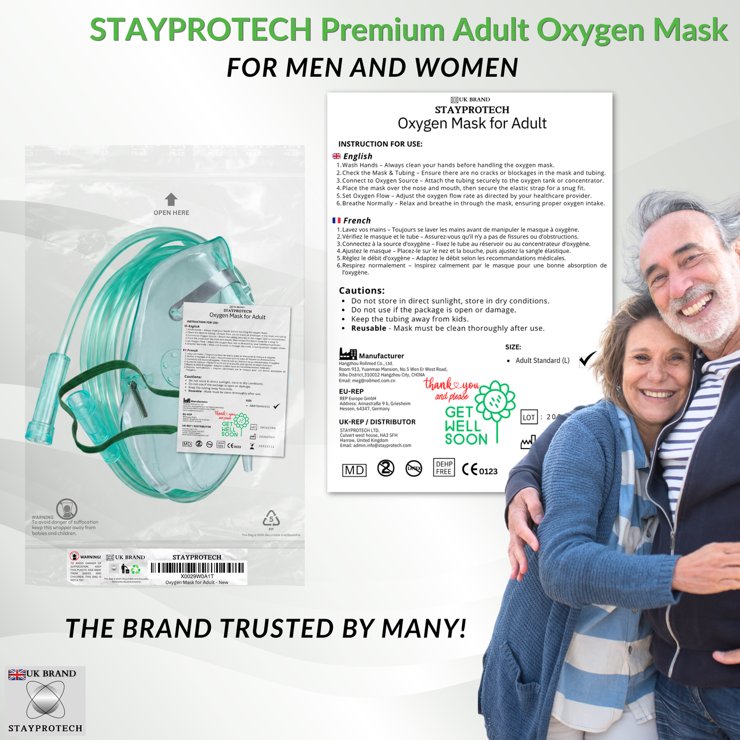 STAYPROTECH Oxygen Mask with 2.1m Tubing Medical Oxygen Mask for Adult. Enhances Oxygen Therapy at Home. Comfortable Fit, Adjustable Strap & Soft Medical Grade PVC.