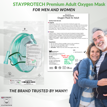 STAYPROTECH Oxygen Mask with 2.1m Tubing Medical Oxygen Mask for Adult. Enhances Oxygen Therapy at Home. Comfortable Fit, Adjustable Strap & Soft Medical Grade PVC.