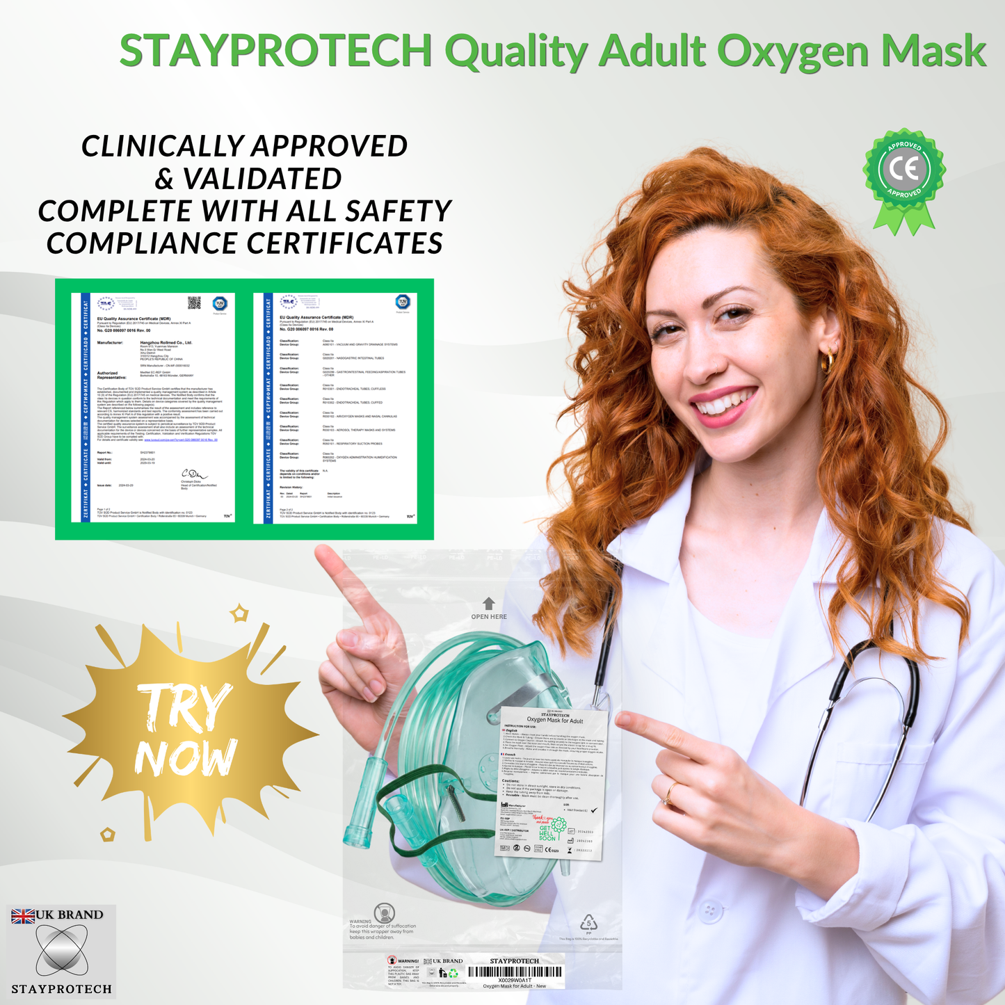 STAYPROTECH Oxygen Mask with 2.1m Tubing Medical Oxygen Mask for Adult. Enhances Oxygen Therapy at Home. Comfortable Fit, Adjustable Strap & Soft Medical Grade PVC.