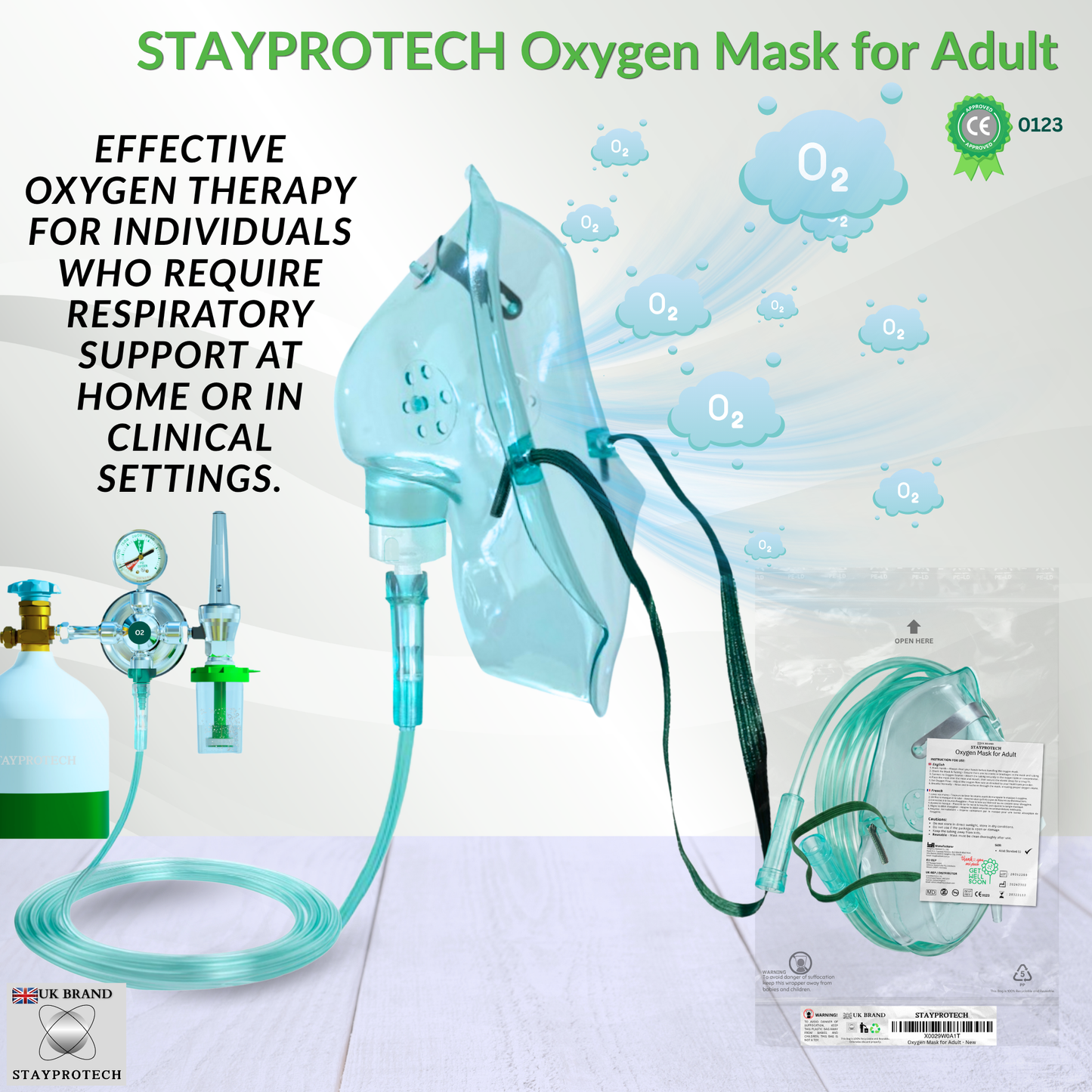 STAYPROTECH Oxygen Mask with 2.1m Tubing Medical Oxygen Mask for Adult. Enhances Oxygen Therapy at Home. Comfortable Fit, Adjustable Strap & Soft Medical Grade PVC.