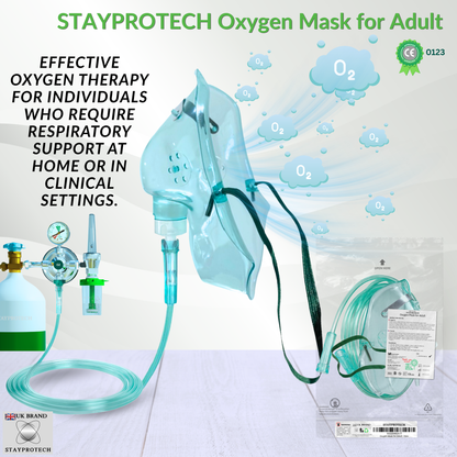 STAYPROTECH Oxygen Mask with 2.1m Tubing Medical Oxygen Mask for Adult. Enhances Oxygen Therapy at Home. Comfortable Fit, Adjustable Strap & Soft Medical Grade PVC.
