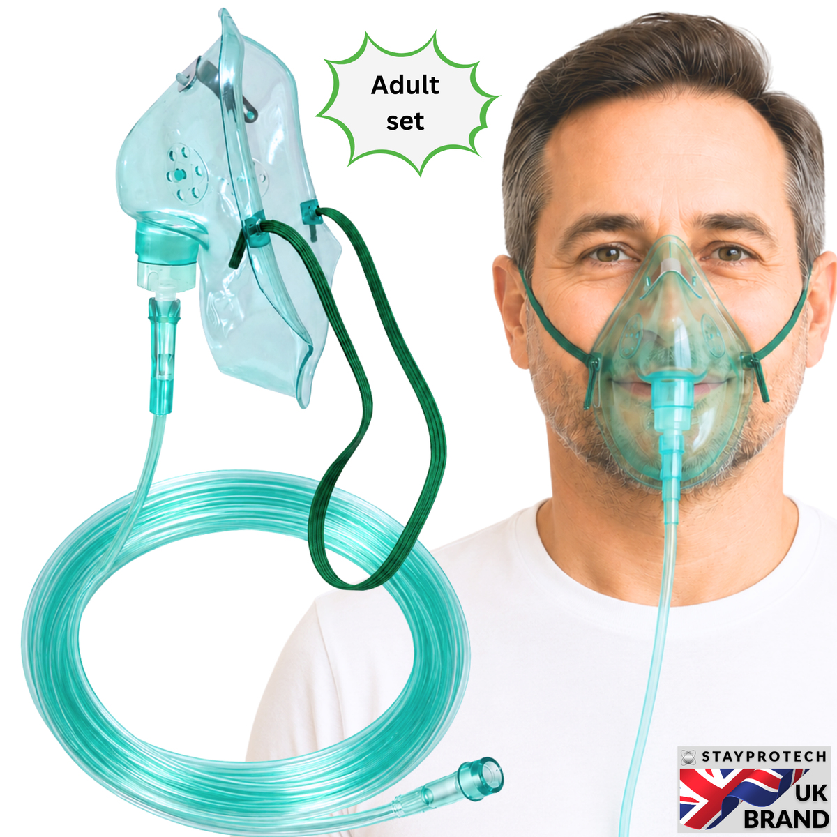 STAYPROTECH Oxygen Mask with 2.1m Tubing Medical Oxygen Mask for Adult. Enhances Oxygen Therapy at Home. Comfortable Fit, Adjustable Strap & Soft Medical Grade PVC.