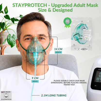 STAYPROTECH Oxygen Mask with 2.1m Tubing Medical Oxygen Mask for Adult. Enhances Oxygen Therapy at Home. Comfortable Fit, Adjustable Strap & Soft Medical Grade PVC.