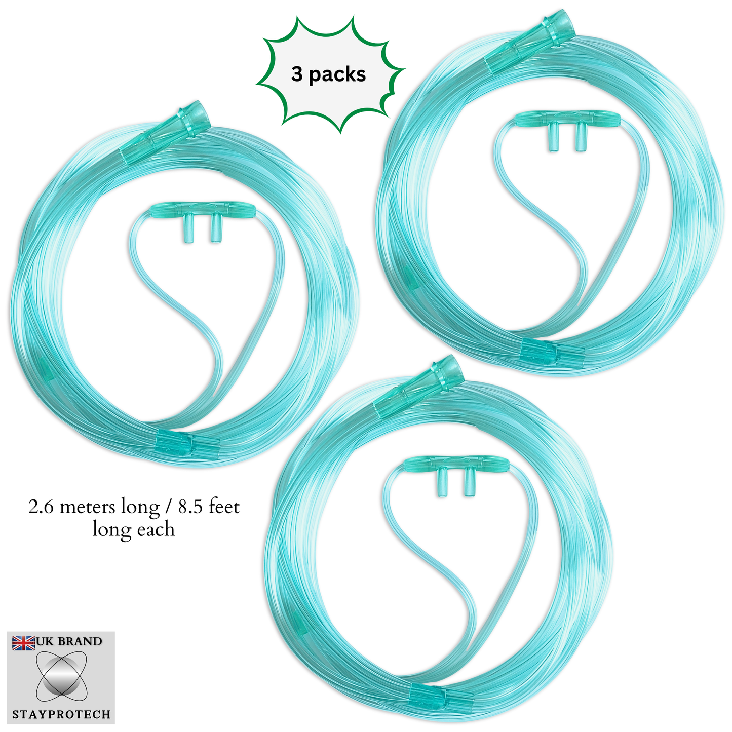 STAYPROTECH Oxygen Tubing Nasal Cannula 3PCS Green Medical Grade PVC, Kink Resistant Soft & Smooth Surface, Comfort & Convenient 2.6 m long for Long-Lasting wear.