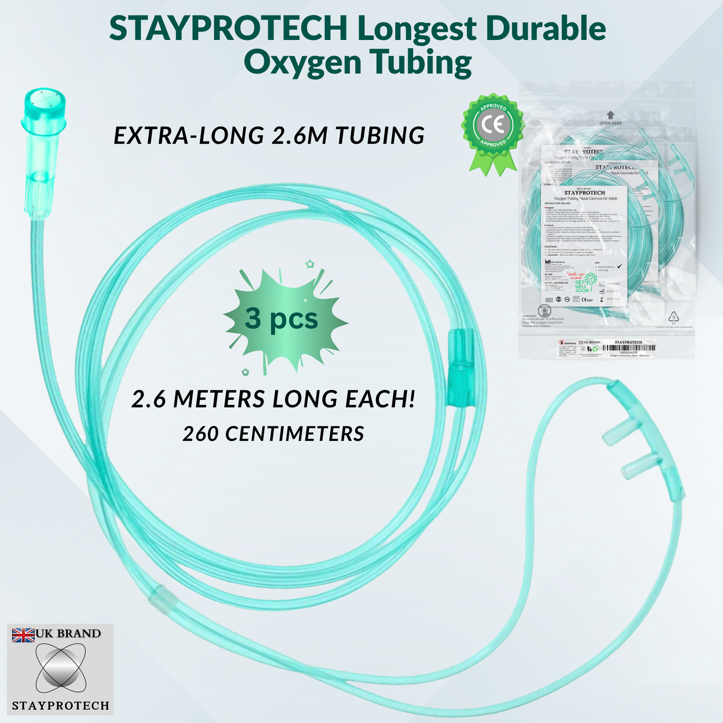 STAYPROTECH Oxygen Tubing Nasal Cannula 3PCS Green Medical Grade PVC, Kink Resistant Soft & Smooth Surface, Comfort & Convenient 2.6 m long for Long-Lasting wear.