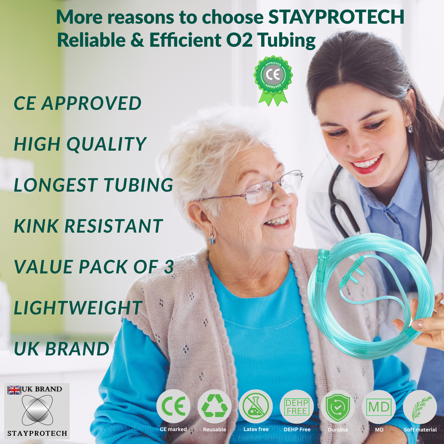 STAYPROTECH Oxygen Tubing Nasal Cannula 3PCS Green Medical Grade PVC, Kink Resistant Soft & Smooth Surface, Comfort & Convenient 2.6 m long for Long-Lasting wear.