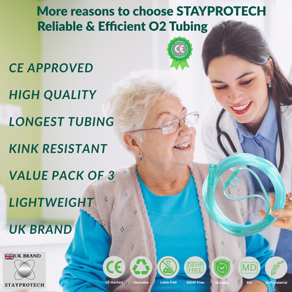 STAYPROTECH Oxygen Tubing Nasal Cannula 3PCS Green Medical Grade PVC, Kink Resistant Soft & Smooth Surface, Comfort & Convenient 2.6 m long for Long-Lasting wear.
