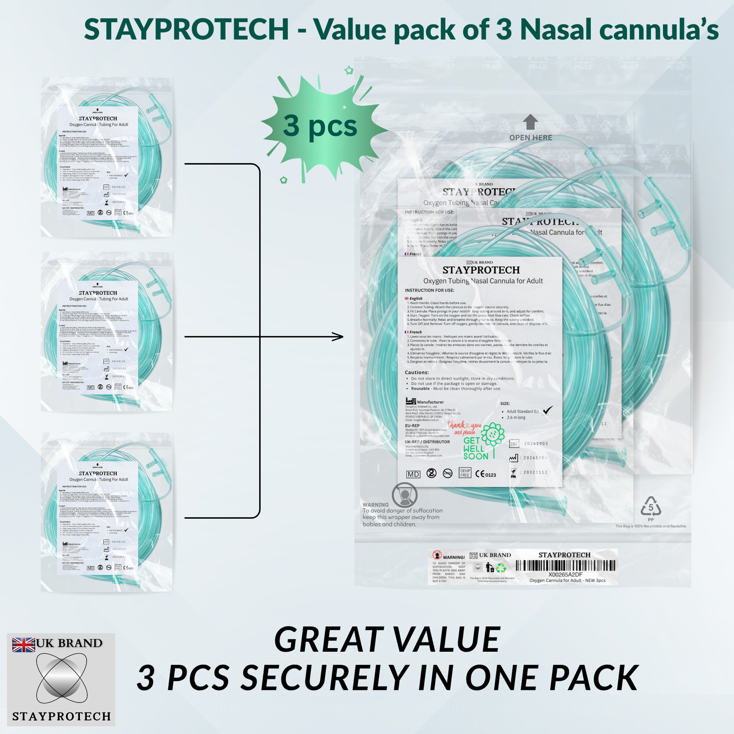 STAYPROTECH Oxygen Tubing Nasal Cannula 3PCS Green Medical Grade PVC, Kink Resistant Soft & Smooth Surface, Comfort & Convenient 2.6 m long for Long-Lasting wear.