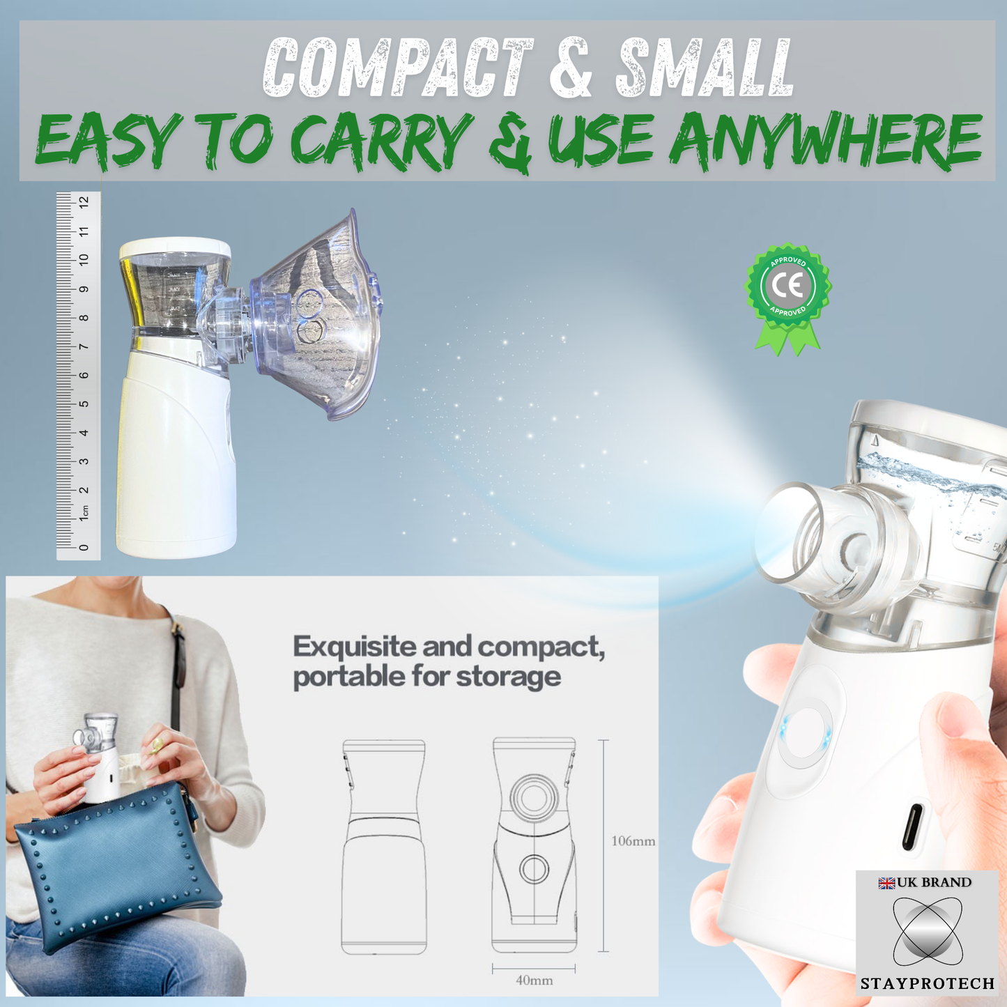 STAYPROTECH Portable Nebuliser Machine for Adults & Kids, Rechargeable USB-C nebuliser steam inhaler, Compact handheld nebulizer respiratory relief.