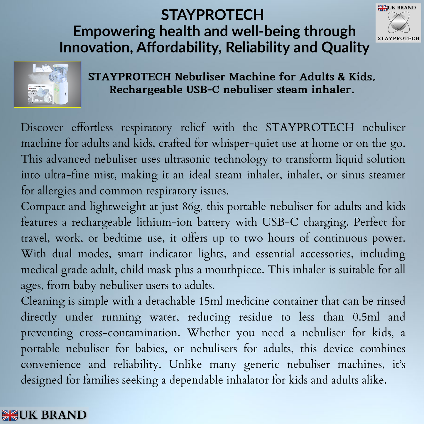 STAYPROTECH Portable Nebuliser Machine for Adults & Kids, Rechargeable USB-C nebuliser steam inhaler, Compact handheld nebulizer respiratory relief.