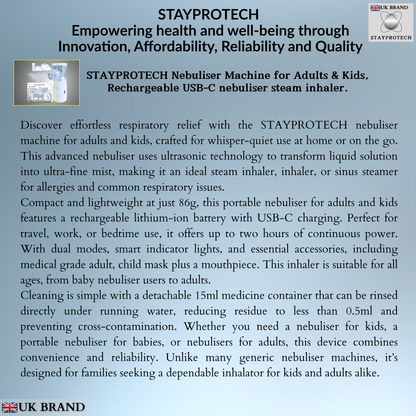 STAYPROTECH Portable Nebuliser Machine for Adults & Kids, Rechargeable USB-C nebuliser steam inhaler, Compact handheld nebulizer respiratory relief.